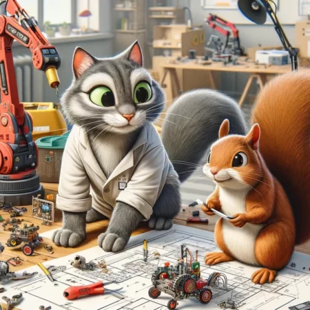 playful scene of a cat and a squirrel collaborating on a robotics project