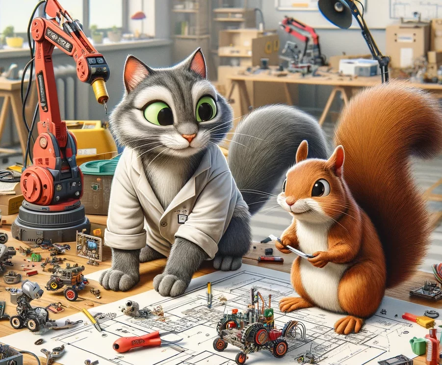 playful scene of a cat and a squirrel collaborating on a robotics project e1716681093931