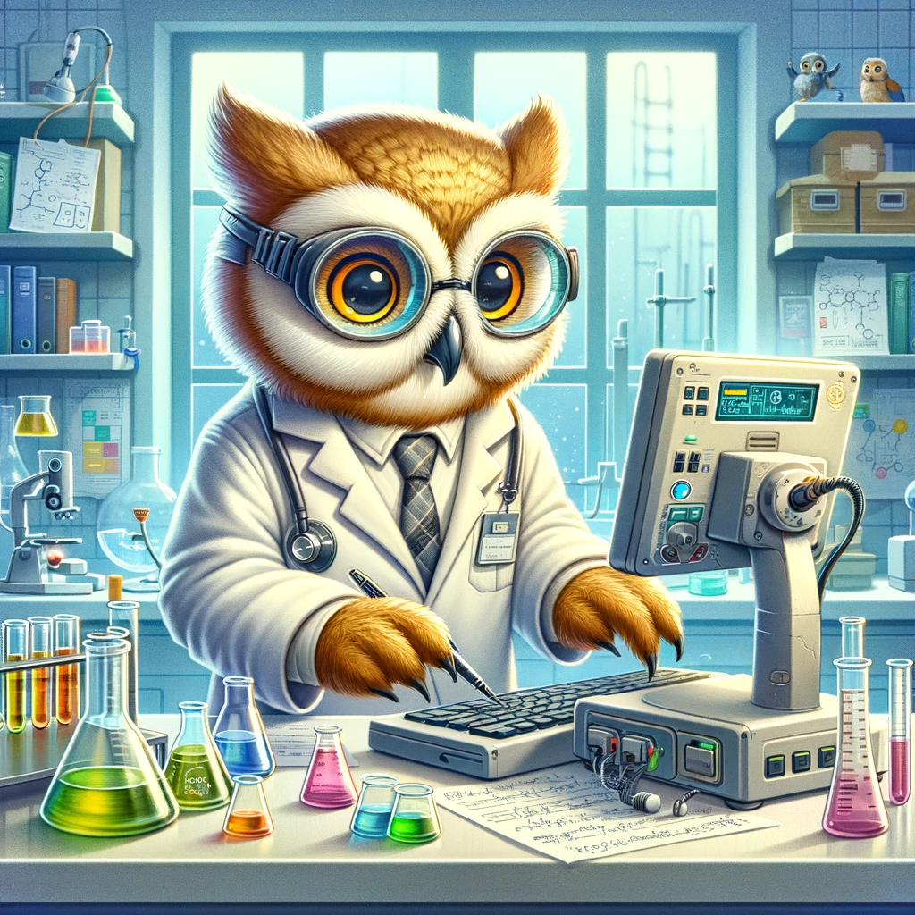 whimsical illustration of an animal scientist in a lab working with a computing device